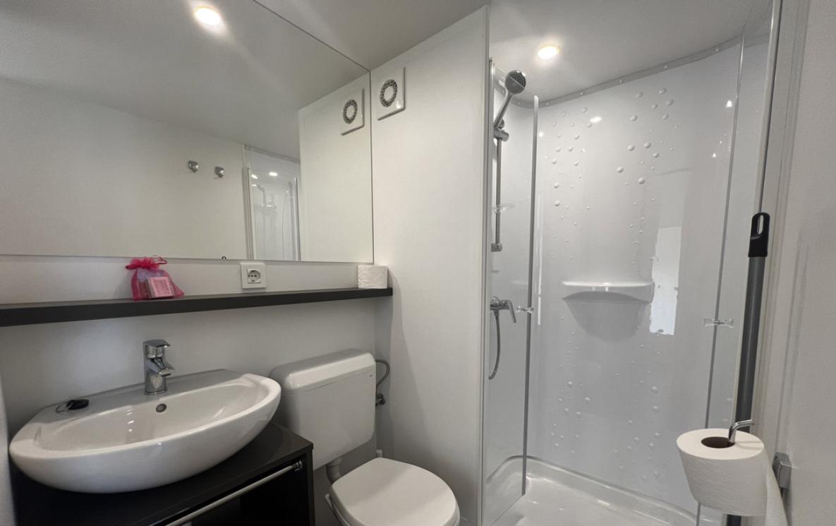 Moderne badkamer met douche, wastafel en toilet.
