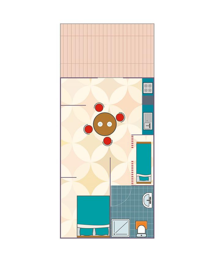 Pianta di un appartamento con cucina, bagno e due camere.